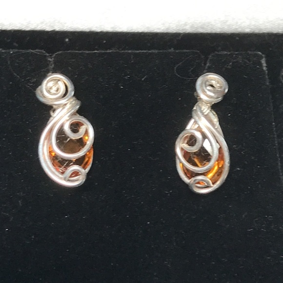 Citrine Earrings- Sterling Silver Citrine Earrings- Citrine Wire Wrapped Posts - Picture 4 of 5
